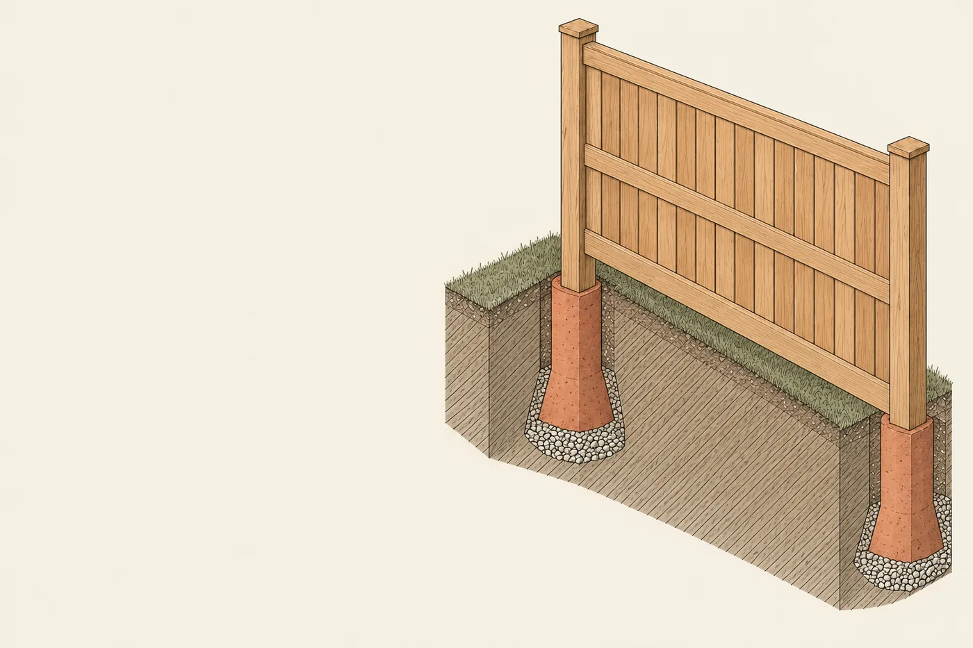 Cutaway drawing of a cedar privacy fence with the ground cut away to show each post set deep in a bell of concrete, shown in sandstone red, over gravel.